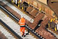 <I>'More ballast.. give me more ballast...'</I> Easy to get carried away when you're enjoying yourself! Ballasting in progress on the Borders Railway near Tynehead on 10 November 2014.<br><br>[Ewan Crawford 10/11/2014]