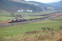 GBRf 66752 and 66736 with the rail train a little south of Heriot on 11 November.<br><br>[Bill Roberton 11/11/2014]