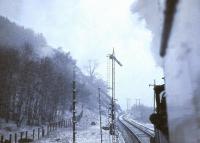 CR 123 about to run into a snowstorm near Craig-na-Cailleach platform on the shores of Loch Lubnaig between Callander and Strathyre. The date is 12 April 1963 and the train is the SLS/BLS <I>Scottish Rambler No 2</I> on its way to Killin Junction. Note the trip wire signals. <br><br>[John Robin 12/04/1963]