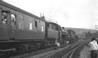 The MRTS/SVR <I>Farewell to BR Steam</I> special at Skipton on 28 July 1968. The train had been brought from Carnforth by 75019+75027, seen here. The special would shortly be taken forward by 45073+45156 on the next leg of the tour to Rose Grove.<br><br>[K A Gray 28/07/1968]