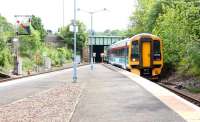 158736 runs into platform 3 at Dunblane on 22 June 2005 with a mid-morning arrival from Newcraighall.<br><br>[John Furnevel 22/06/2005]