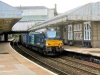 The 1220 Grangemouth - Aberdeen containers northbound through Arbroath on 7 October 2014 behind DRS 68005.  <br><br>[Sandy Steele 07/10/2014]