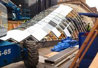 The new arched canopy, reportedly inspired by the Kibble Palace in Glasgow's Botanic Gardens, being erected over the entrance to St Enoch Subway on 15th November 2014. [See image 49502]<br><br>[Colin McDonald 15/11/2014]