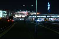 The first visit of a Class 221 Voyager to Blackpool North. Voyager 221105 stands at platform 1 (left) on 25 November 2014 with a proving run from Preston in advance of the daily service to London, due to commence on 15 December 2014. With Blackpool Tower illuminated in the background, Northern Class 142, 150 and 156 units await their next turns.<br><br>[John McIntyre 25/11/2014]