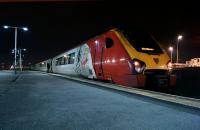 Virgin Voyager 221105 waits in platform 1 at Blackpool North on 25 November 2014 with a test run from Preston in preparation for the re-introduction of a daily Virgin service to London from 15 December 2014.<br><br>[John McIntyre 25/11/2014]