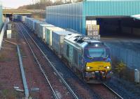 DRS 68008 leaves Fouldubs Junction on 30 November with the 4A13 Grangemouth - Aberdeen intermodal.<br><br>[Bill Roberton 30/11/2014]