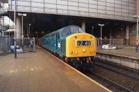 At the head of the 1Z40 Southport to York railtour on 29 November 2014 was the Class 40 Preservation Society's immaculately turned out No.345, seen here following its arrival at Manchester Victoria.<br><br>[John McIntyre 29/11/2014]