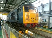 This is how I remember the 1980's: faded blue, and rather careworn. 31106 stabled adjacent to the wheel lathe at the first ever Etches Park Open Day on 13 September 2014. [See image 49239]<br><br>[Ken Strachan 13/09/2014]