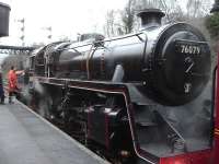 Ex works Horwich built Standard 4 2-6-0 76079 at Grosmont on the front of the recently returned 13.45 7 coach Santa Special working that ran to Newtondale and back. J94 132 <I>Sapper</I> was on the other end [see image 49618]. 76079 was employed on these services to accumulate running in mileage, and provided much of the propulsion on the outward working. The pair took out the final return trip of the day at 15.45.<br><br>[David Pesterfield 30/11/2014]