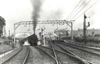 An unidentified V1 2-6-2T makes a rousing start from Dalmuir Park on 23 June 1957 with a westbound train for Helensburgh Central.<br><br>[G H Robin collection by courtesy of the Mitchell Library, Glasgow 23/06/1957]