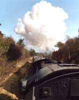 Looking back from the tender of ex-LMS 5025 as it heads a Boat of Garten - Aviemore service on the Strathspey Railway in 1981.<br><br>[Bill Roberton //1981]