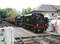 The level crossing at Grosmont on the NYMR on 6 June 2013, with Black 5 no 45428 <I>'Eric Treacy'</I> about to enter the station running tender first with the Pickering - Whitby <I>Yorkshire Coast Express</I>. <br><br>[John Furnevel 06/06/2013]