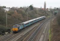 An ECS movement from Chorley to Preston of the DRS 6-coach rake being used on extra Saturday Northern trains to Manchester in December 2014. 47853 and 47818 top and tailed the train, seen here at Farington Curve Junction.  <br><br>[Mark Bartlett 13/12/2014]