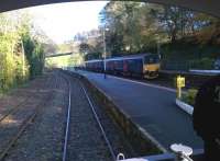 It's not every day that you see a Sprinter from the verandah of a brake van. Two eras meet at Bodmin Parkway on 29 November 2014, courtesy of the Branch Line Society.<br><br>[Ken Strachan 29/11/2014]