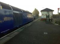 Par-ting shot: down and up (nearest) HSTs meet at Par on 29 November. The signal box on the platform is reminiscent of Abercynon [see image 31939], but is still in use. The branch to Newquay is visible on the right.<br><br>[Ken Strachan 29/11/2014]