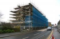 Construction continues on the new Galashiels transport interchange alongside the A7 opposite the site of the new station. View north on 26 December 2014.<br><br>[John Furnevel 26/12/2014]