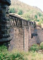 A quiet village in the Welsh Valleys, Cymer Afan once had two railways running East-West plus this line to North Rhonnda. The viaduct, of composite stone and steel construction, is a little known relic. In May 2010 a recent grass fire allowed a well defined shadow of the girders down the North side of the valley. The viaduct provided a breath of fresh air for up engine crews, as it was just outside the tunnel from Caerau. [see image 49918 for a view about a mile West, of the line on the South side of the valley]<br><br>[Ken Strachan 31/05/2010]