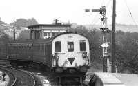 DEMU 1125 departs from the east end bay at Salisbury in June 1974, with the east signal box hiding behind the unit.<br><br>[John McIntyre /06/1974]