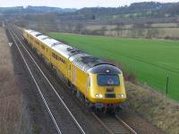 The Network Rail Measurement Train approaching Dalgety Bay with a Craigentinny - Aberdeen and return working on 6 January 2015.<br><br>[Bill Roberton 06/01/2015]