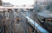 Edinburgh - Glasgow push-pull services about to meet at Waverley in 1975.<br><br>[John Furnevel 16/04/1975]