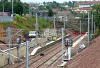 Progress on the new Larkhall station, 17 July 2005. Looking south from Raploch Street towards the buffer stops.<br><br>[John Furnevel 17/07/2005]