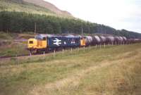 37 411<I>The Institution of Railway Signal Engineers</I> is pictured north of Tyndrum Upper with a southbound goods in August 1987.<br><br>[John Gray //]