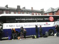 Passengers boarding the Cairnryan coach outside Ayr station on 2 March 2012 - see news item.<br><br>[John Yellowlees 02/03/2012]