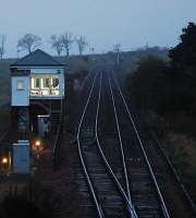 Looking south at Usan signalbox which controls the start of the single track approach to Montrose over a viaduct.<br><br>[Ewan Crawford //2005]