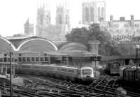 An ECML InterCity 125 service leaving York for the south in February 1981 in the shadow of York Minster.<br><br>[John Furnevel 12/02/1981]