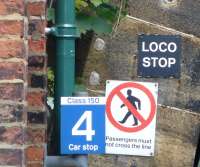 Signs at the end of the York bound platform at Knaresborough station in November 2014. [Ref query 6557]<br><br>[Colin Miller 13/11/2015]