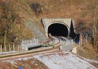 South portal of Bowshank Tunnel on 19 January, with the forward vehicle of the tracklaying train standing at the extremity of the down line.<br><br>[Bill Roberton 19/01/2015]