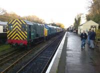Variety is the spice of life: diesel locomotives from classes 08, 37, 47, and 33 lined up at Bodmin General in November 2014. The enthusiasts on the right had just been refuelled with genuine Cornish pasties.<br><br>[Ken Strachan 29/11/2014]