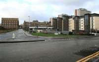 The site of the former High Street Goods yard seen from Hunter Street on 24th January 2015. High Street station is in a cutting off to the left. View is west along what is now Havannah Street, with Duke Street running in parallel beyond the line of new buildings on the right.<br><br>[Colin McDonald 24/01/2015]