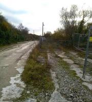 Looking south at the much reduced china clay processing plant at Nanpean during a BLS visit in November 2014. The track to the left dropped down to serve processed clay loading points, while that on the right ended on coal drops to feed the on-site electricity generating station. The surviving branch to Parkandillack [see image 26540] passes about 50 metres to the left.<br><br>[Ken Strachan 28/11/2014]