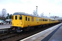 Unit 9701 leads the Network Rail test train on its return journey from Wick to Inverness on 28 January. Photographed at Muir of Ord waiting for a northbound passenger train to pass. DRS 37425 is the locomotive bringing up the rear.<br><br>[John Gray 28/01/2014]