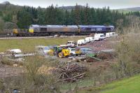 The rail train at Bowland on 27 January.  The former goods yard is filled with contractors vehicles.<br><br>[Bill Roberton 27/01/2015]