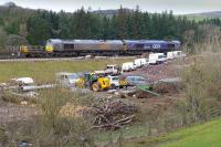 The rail train at Bowland on 27 January.  The former goods yard is filled with contractors vehicles.<br><br>[Bill Roberton 27/01/2015]