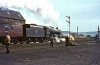 Scene at Ferryhill Junction on 3 September 1966 as Black 5 44703 passes southbound with an Aberdeen - Glasgow train.<br><br>[John Robin 03/09/1966]