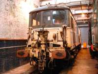 Former Eurostar electro diesel 73118 inside the former 88B Barry shed in September 2012, with the bulky Scharfenberg Coupler and large buffers detracting from a normally acceptable front end appearance. <br><br>[David Pesterfield 11/09/2012]
