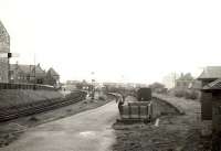 General view over Clydebank Riverside station on 27 September 1957 with a workers train standing in the bay platform. <br><br>[G H Robin collection by courtesy of the Mitchell Library, Glasgow 27/09/1957]