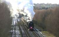 46233 <I>Duchess of Sutherland</I> powers past the site of the former Midland MPD at Durran Hill on 31 January 2015 with the southbound <I>Winter Cumbrian Mountain Express</I>.<br><br>[Ken Browne 31/01/2015]