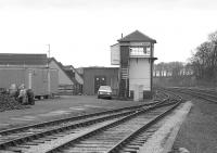 Looking over the former goods yard to the signalbox at Annan in March 1989, with the sidings in surprisingly good order.<br><br>[Bill Roberton 05/03/1989]