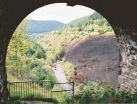 Turning left from my previous shot [see image 49912], this view looks West under the stone arch at the South end of the viaduct in the general direction of Port Talbot. Two levels can be seen on the right hand side of the valley. The upper line is a road, while the lower line is the SWMR. This branch closed in 1951 after a tunnel collapse. [Ref query 6885]<br><br>[Ken Strachan 31/05/2010]