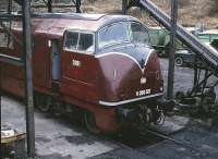 D821 under the NYMR's coaling stage at Grosmont on 26 March 1989, masquerading as a West German class 220.<br><br>[Peter Todd 26/03/1989]