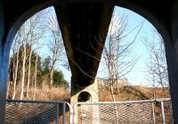 The underside of the refurbished footbridge over the line near Selkirk Junction, Galashiels, looking north towards Woodstock Avenue on 8 February 2015. Note the old steam exhaust deflectors have now been removed [see image 46729].<br><br>[John Furnevel 08/02/2015]