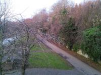 The site of Junction Bridge station (closed to passengers in 1947) looking west towards Bonnington in February 2015. On 7 April 1941 a German bomb landed and exploded near here, on the embankment between the Leith platform and Largo Place, off Ferry Road. [See image 20453]<br><br>[David Panton 13/02/2015]