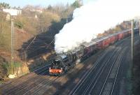 After three postponements the 2014 <I>Tin Bath</I> finally ran on 15th February 2015! Hauled by the Ian Riley <I>Black 5s</I> 44871 and 45407 the train is seen here making a spirited departure from Preston at Farington Curve Junction. <br><br>[Mark Bartlett 15/02/2015]