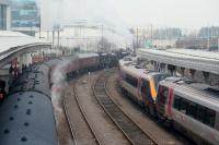 Double headers old and new at Sheffield on 15 February.  On the right is the 13:21 Cross Country service to Glasgow Central whilst 44871 and 45407 <I>The Lancashire Fusilier</I> have been serviced and are ready to depart with the 13:29 return leg of the <I>Tin Bath</I> excursion to Preston.    <br><br>[Malcolm Chattwood 15/02/2015]