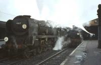 Southern steam at Basingstoke in the summer of 1964. Rebuilt Bulleid <I>Merchant Navy</I> Pacific 35017 <I>Belgian Marine</I> with an express for London Waterloo stands alongside Maunsell 'N' class 2-6-0 31858 with a stopping train for the same destination.<br><br>[John Robin 24/08/1964]