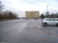 Looking south over Court House Car Park in Barnsley, in February 2015, towards the site of Court House Station (located approximately where the large building now stands) along the Midland Railway approach spur from its connection with the former Manchester, Sheffield and Lincolnshire Railway.<br><br>[David Pesterfield 16/02/2015]